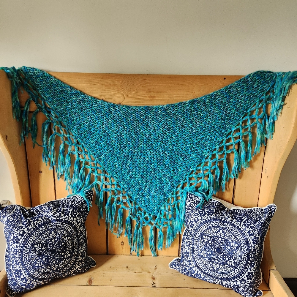 Womens Blue Knitted Homemade Fringe Wrap One Size Fits Most